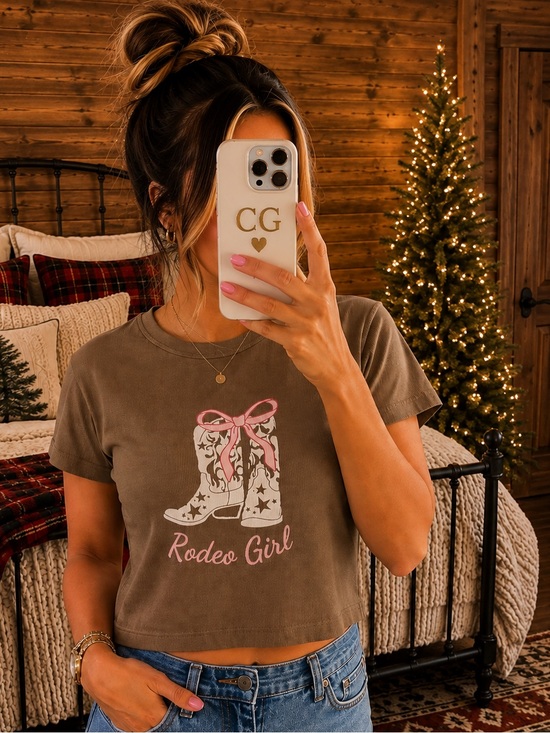 Tops - Rodeo Girl Graphic Crop Tee - Brown & Pink